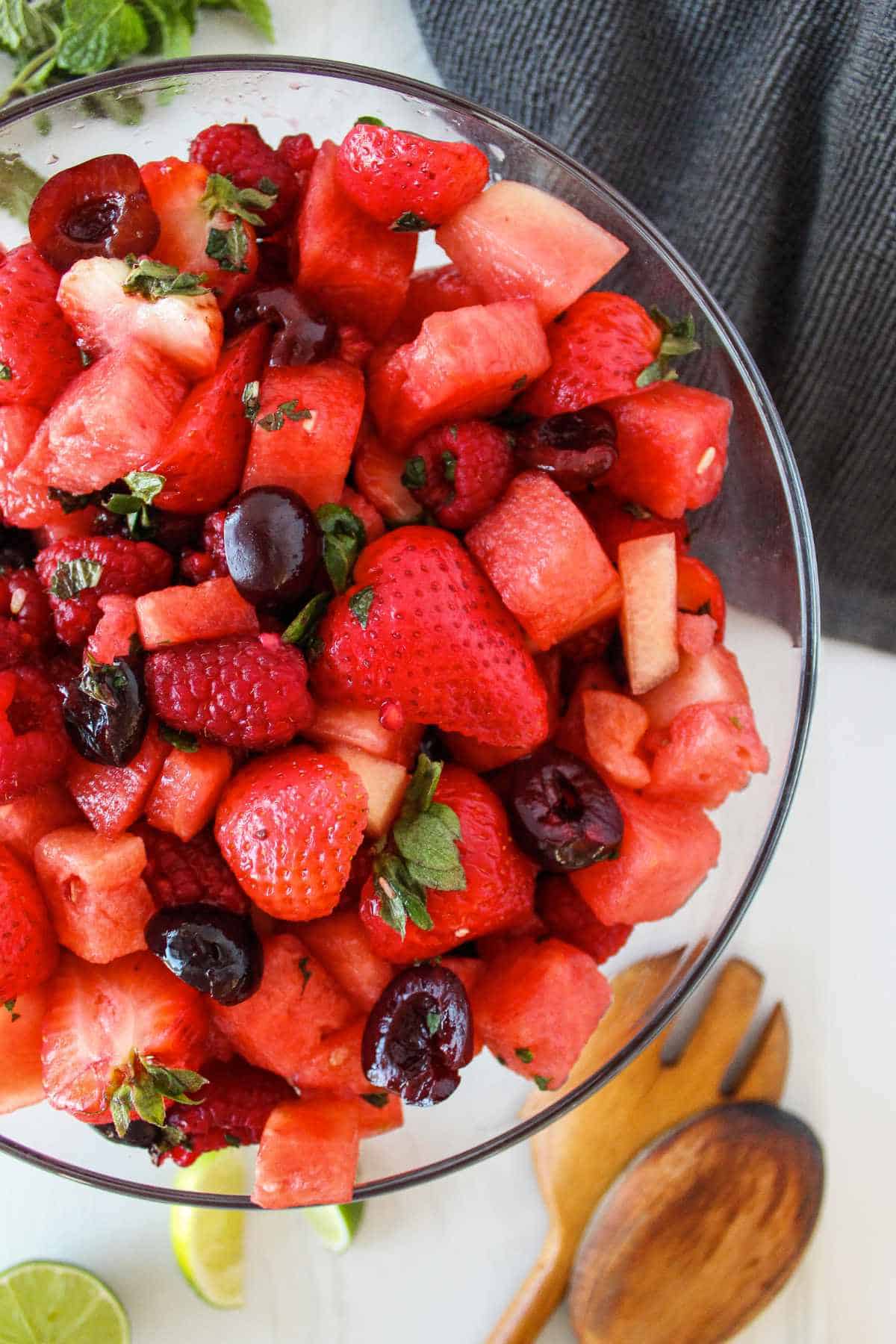 watermelon fruit salad in a white bowl.