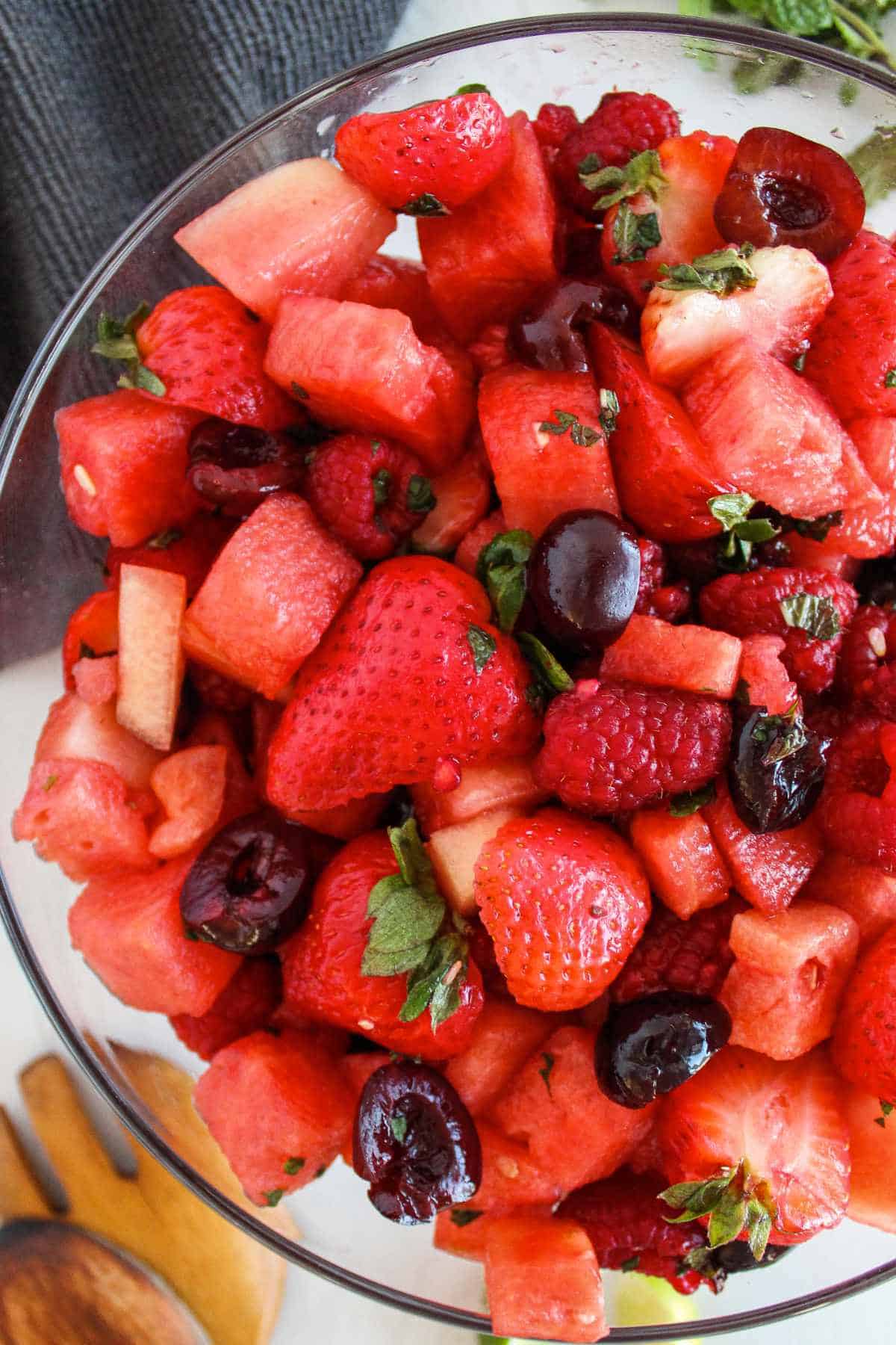 watermelon fruit salad in a white bowl.
