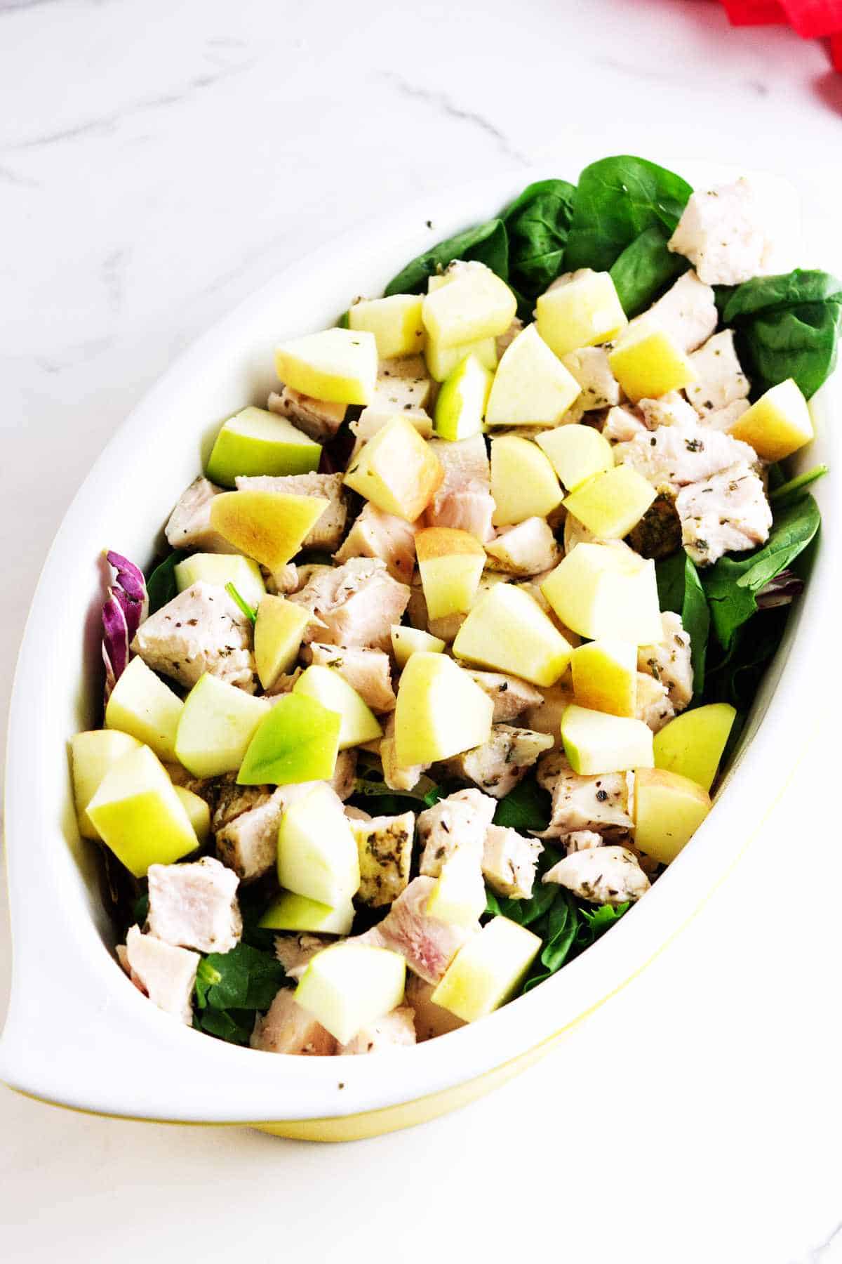 diced apples topping cubed chicken breast on a bed of salad greens.