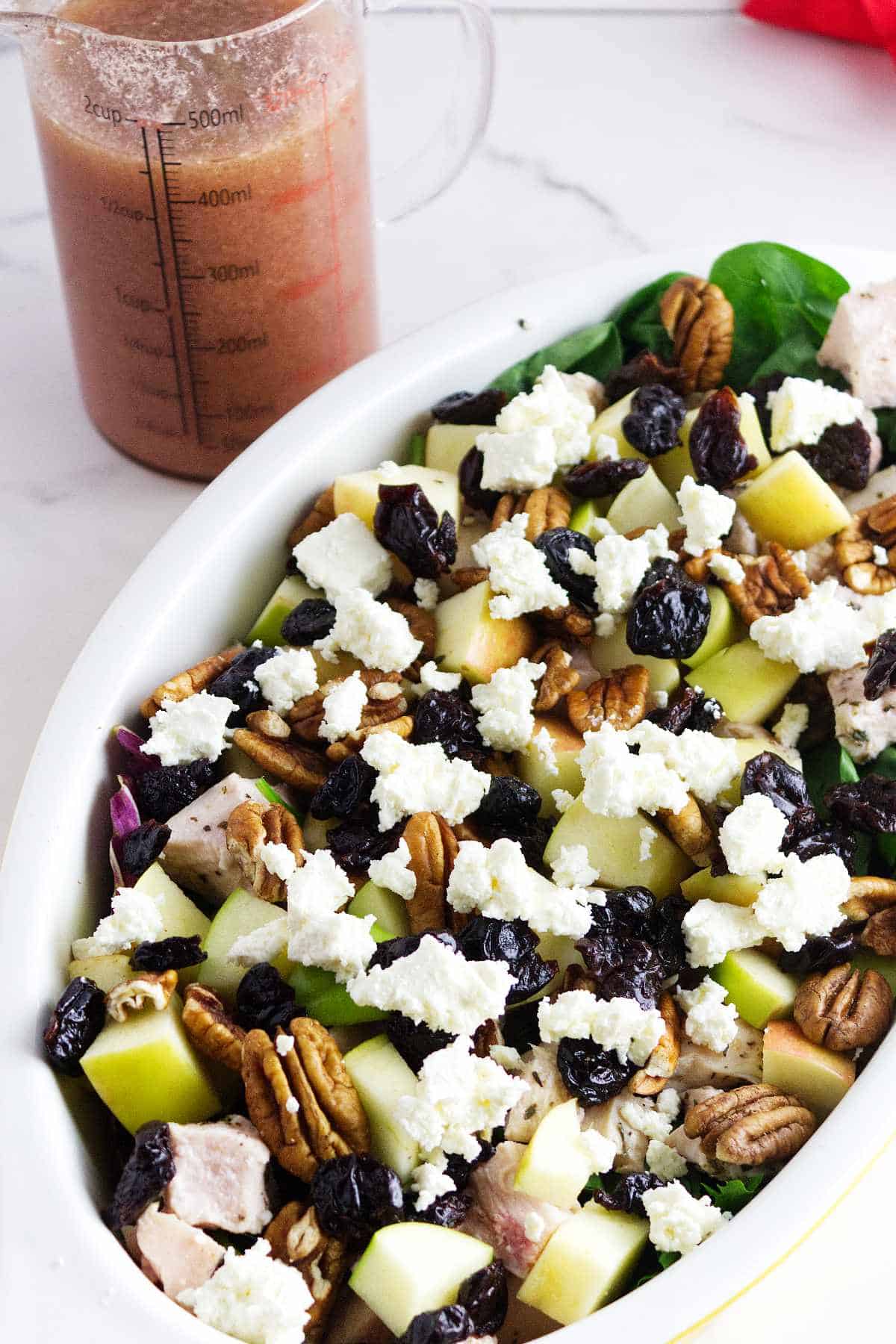 Pecans, bleu cheese crumbles, blueberries, on top of diced apples, chicken chunks and salad greens.