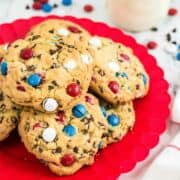 red white and blue chocolate chip cookies.