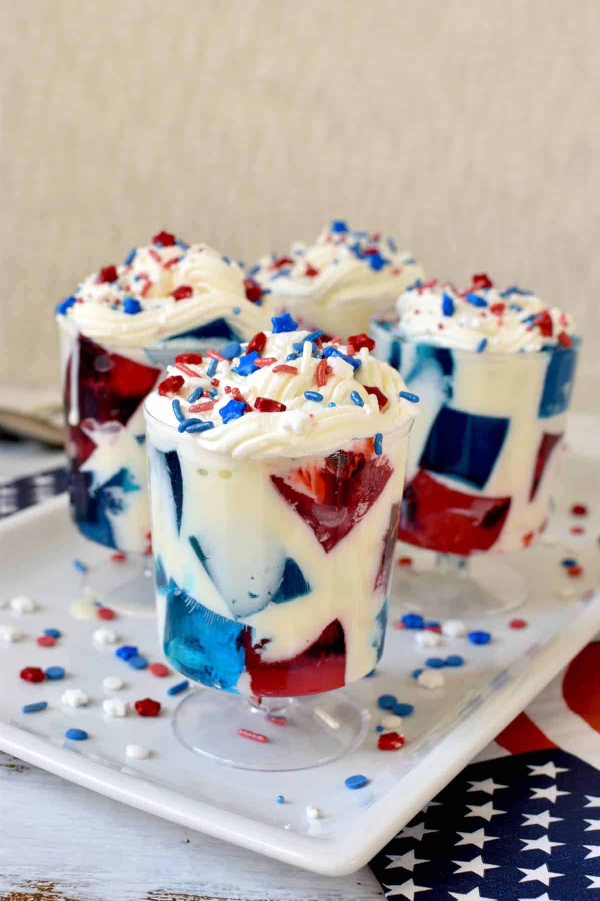 Red white and blue jello parfait.