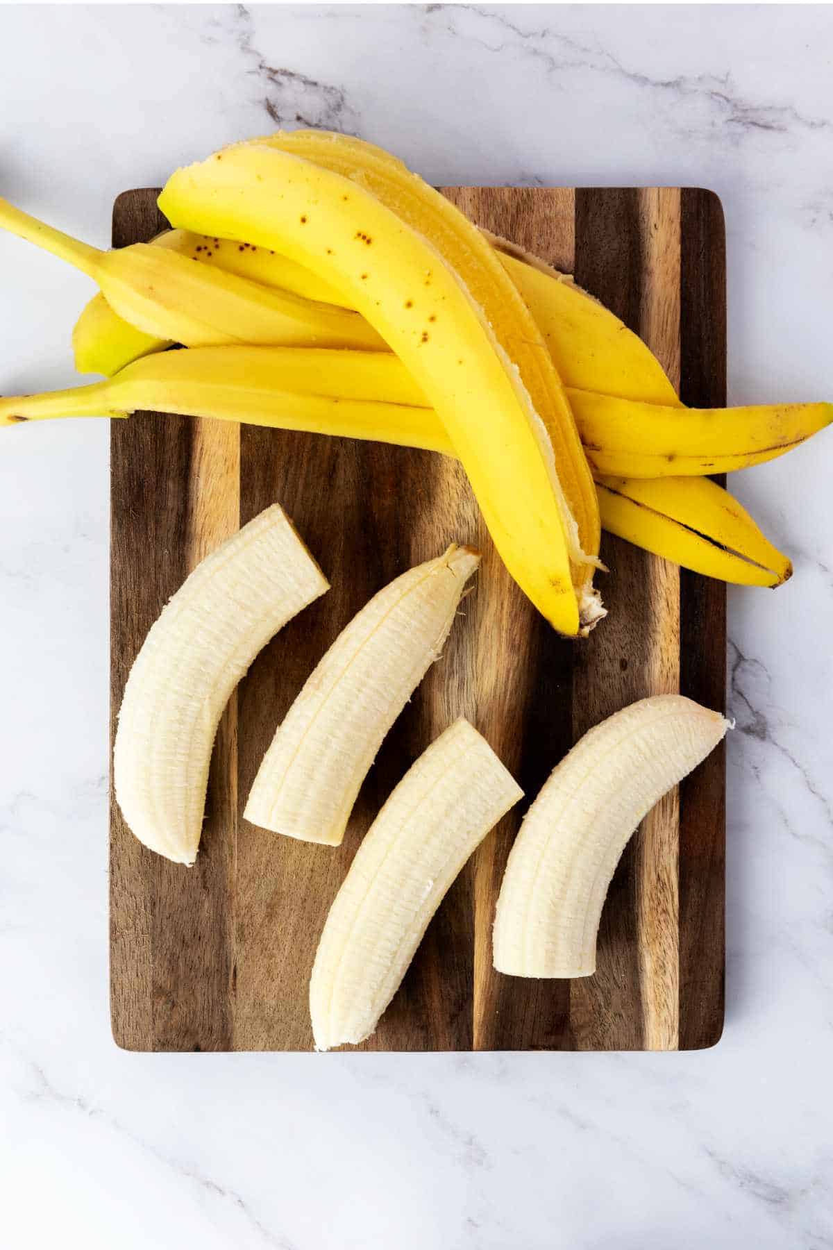 peeled bananas cut in half.