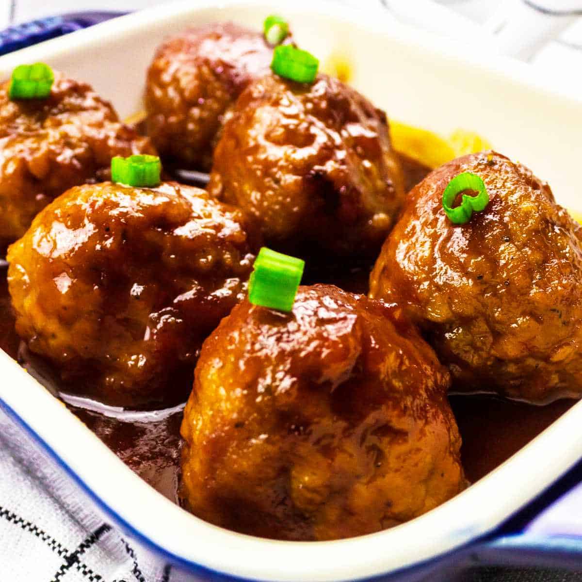casserole dish with barbeque meatballs.