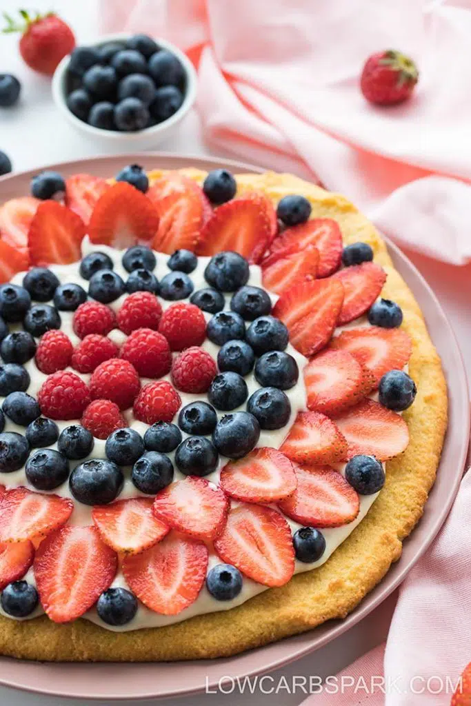 low carb red white and blue fruit pizza.