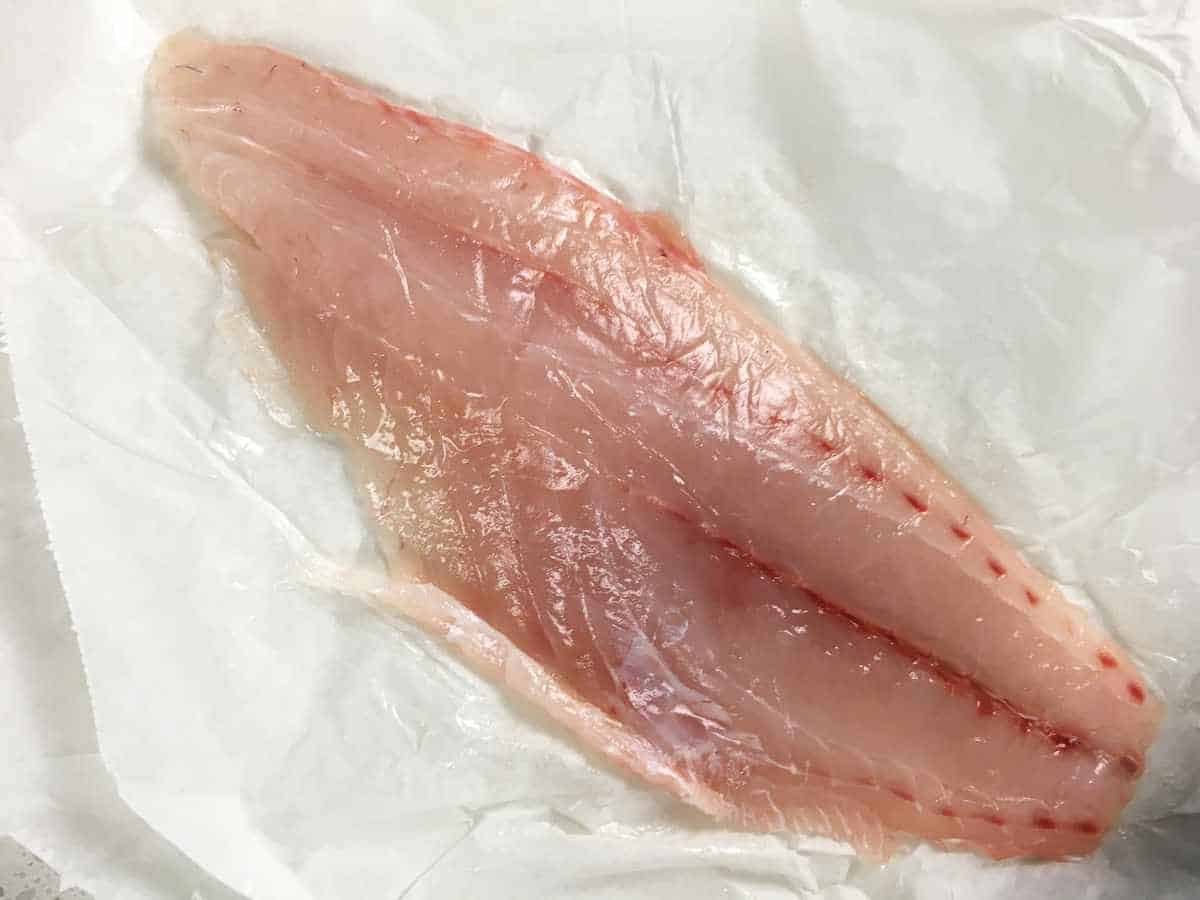 fresh grouper or snapper filets on white butcher paper.
