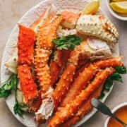 King Crab legs with butter sauce.