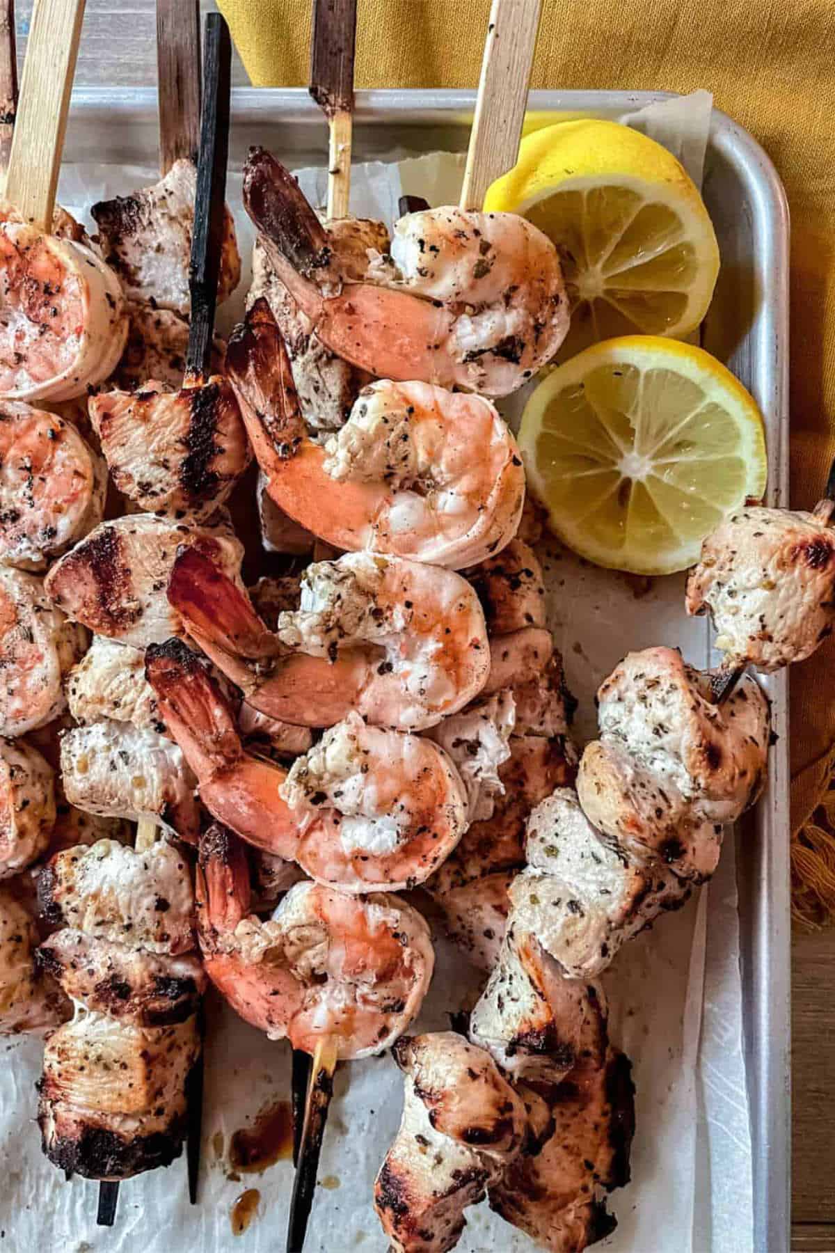 summer favorites: grilled shrimp on skewers.