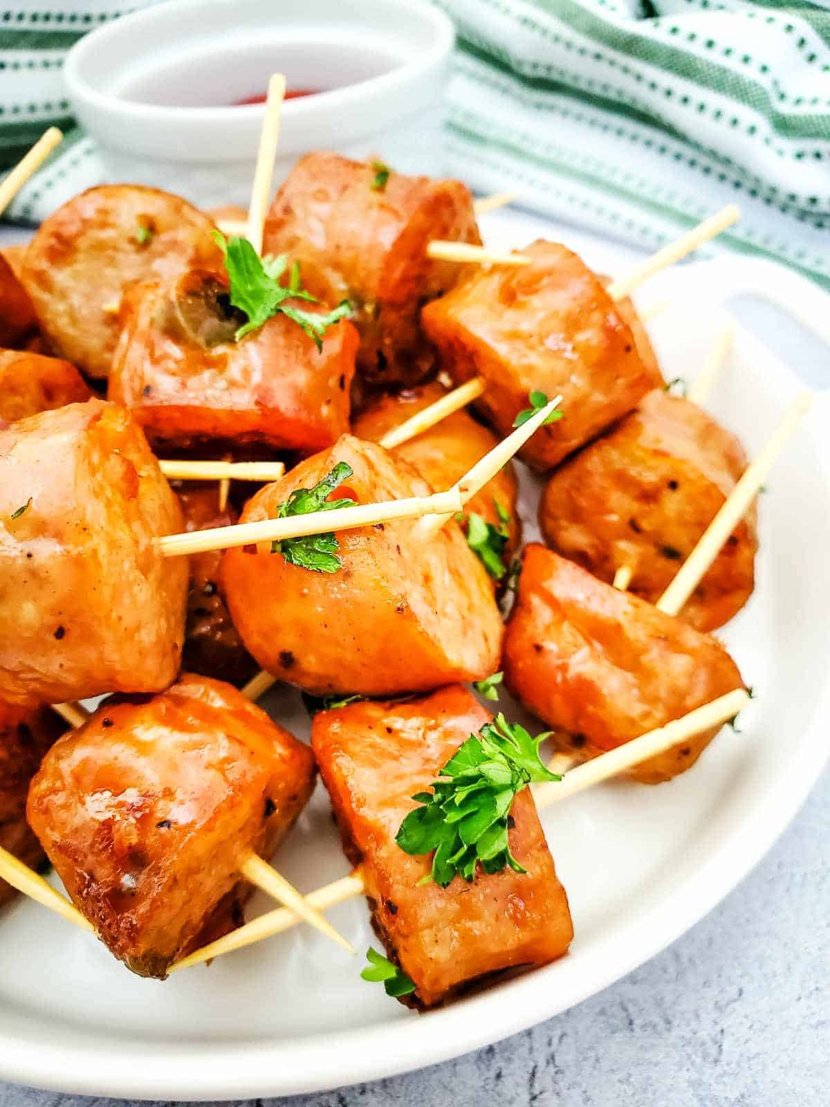 air fried chicken sausage bites  for picnic finger foods.