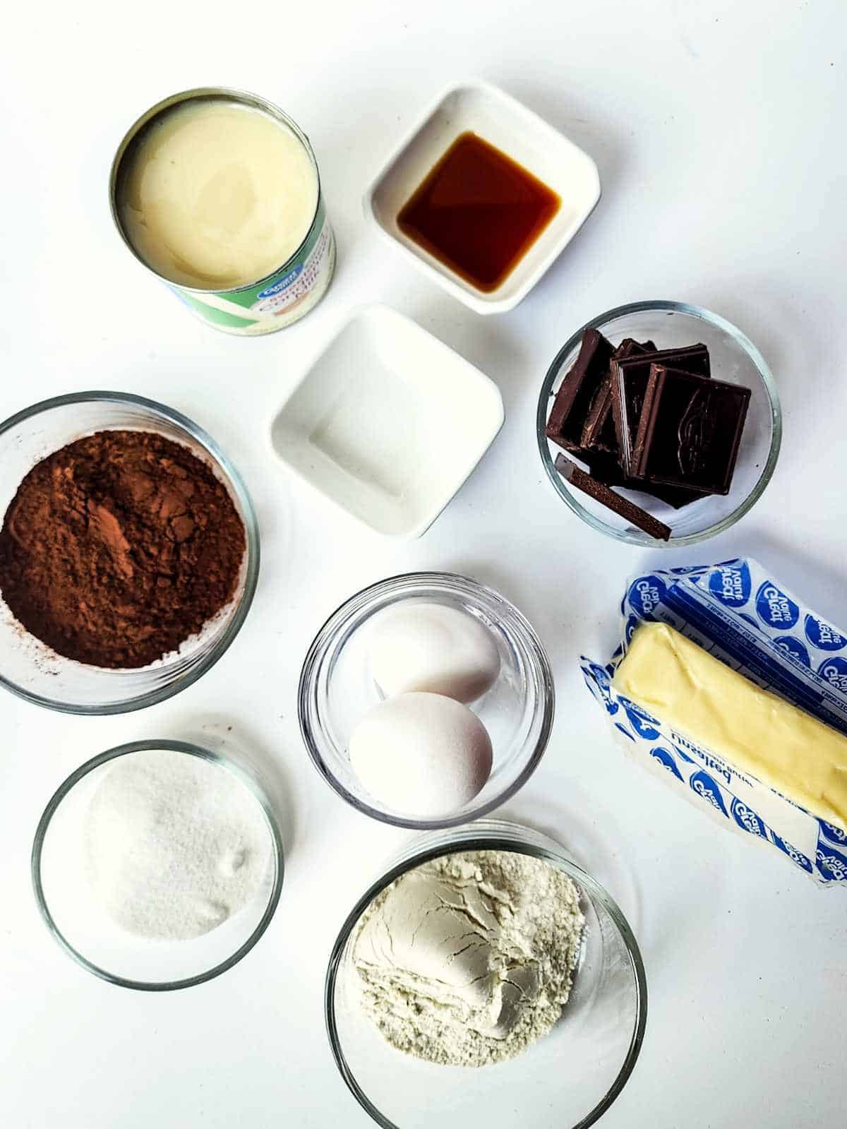 Ingredients for making condensed milk brownies.