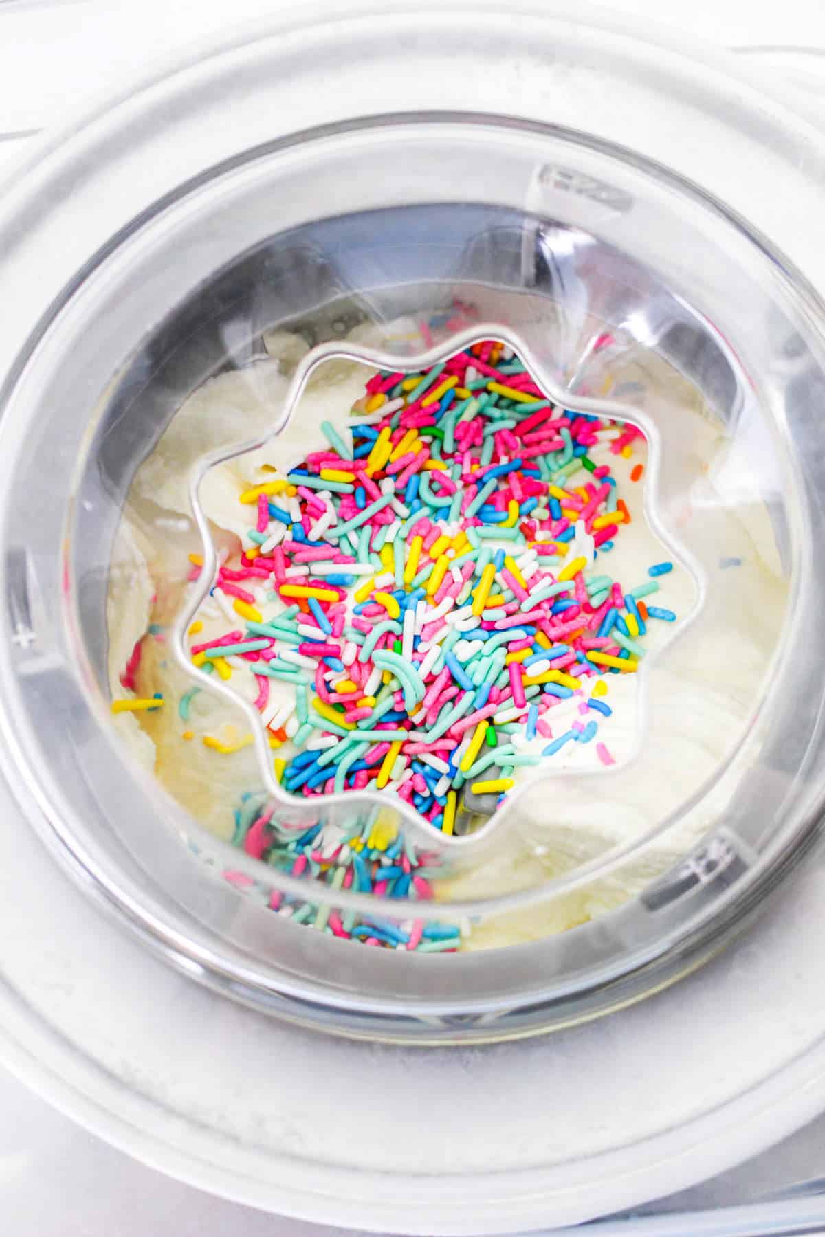 rainbow sprinkles added to churning frozen dessert in Cuisinart.