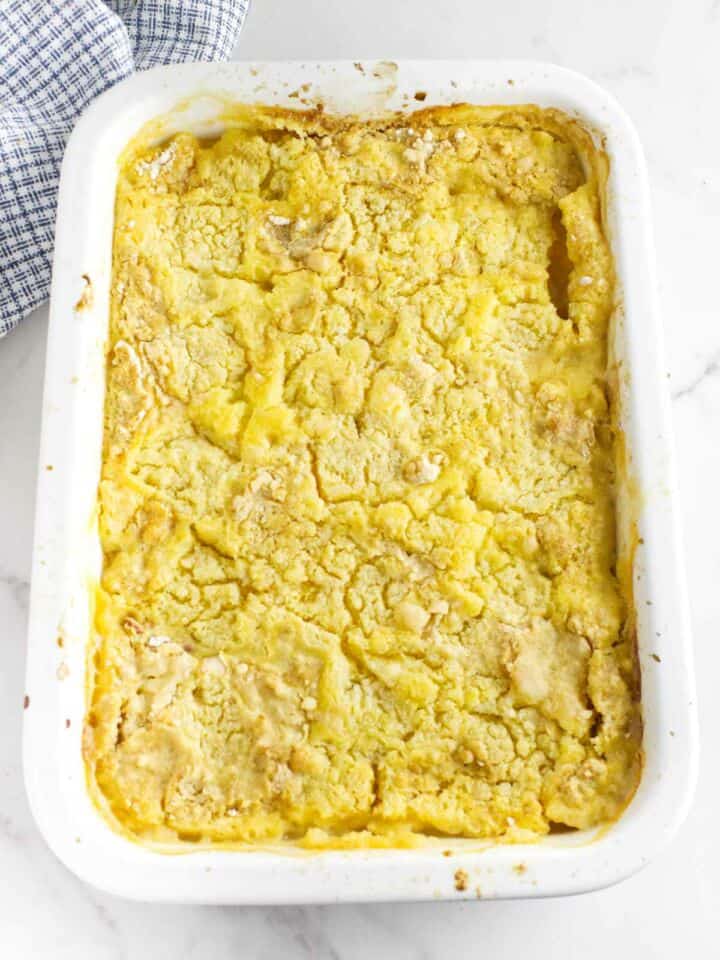 baked peach dump cake fresh from the oven.