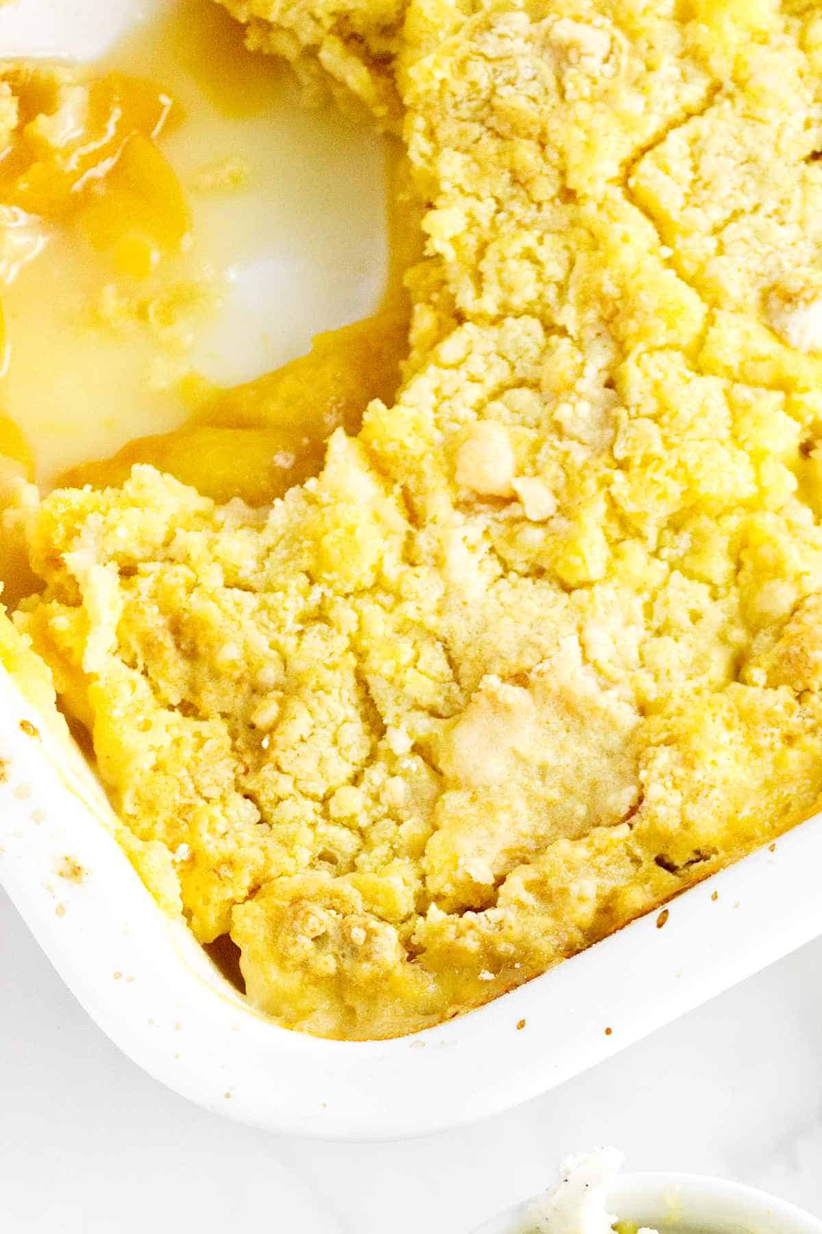 baking dish with peach mixture showing.