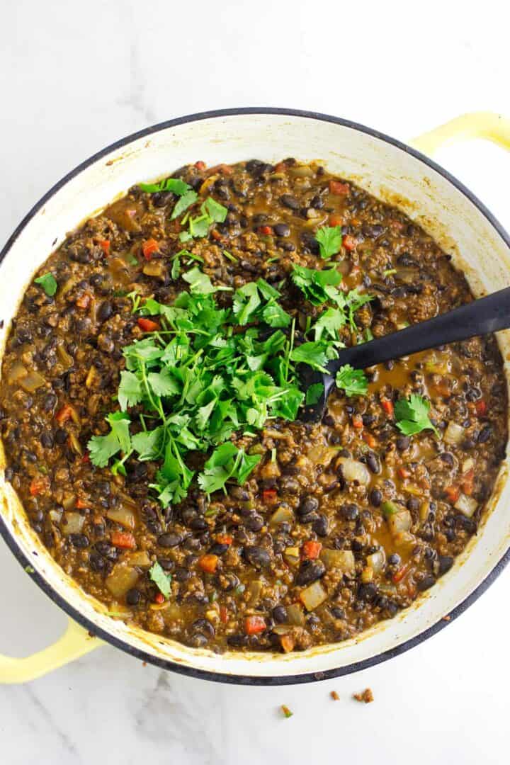 Finished chorizo refried beans with cilantro stirred in and ready to serve.