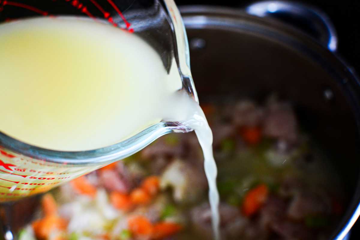 broth added to soup pot.