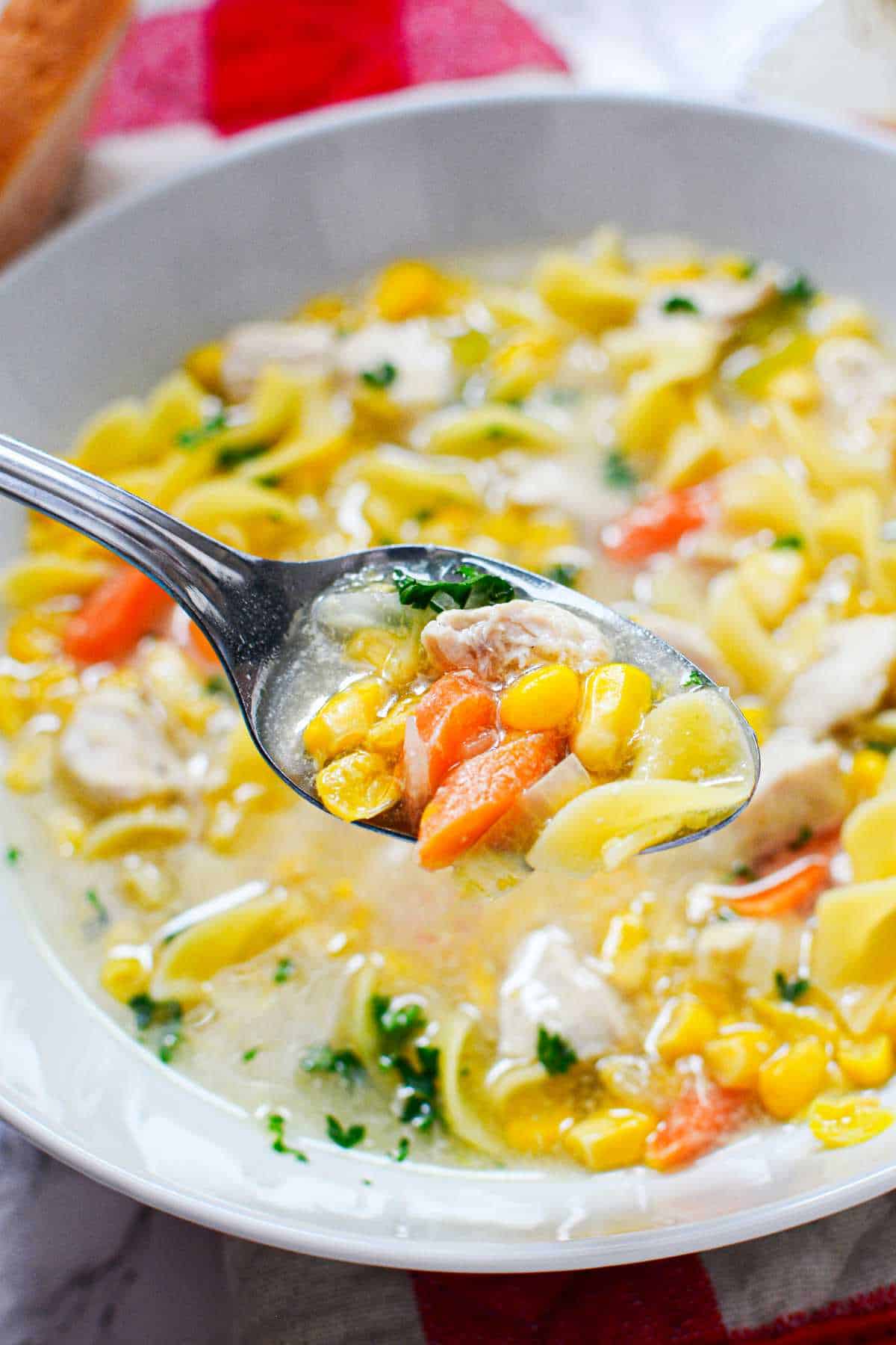 Chicken corn noodle soup in a bowl.