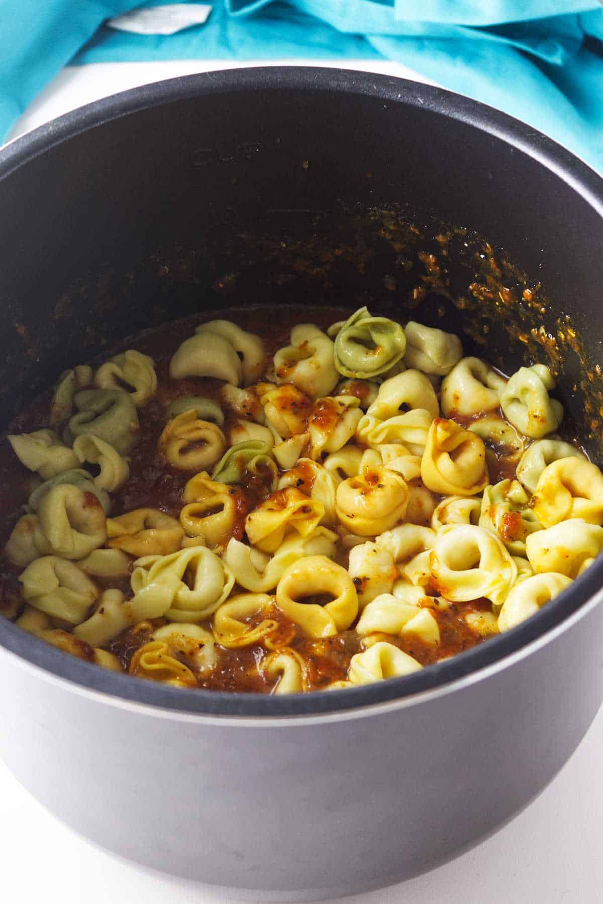rainbow tortellini added to pasta sauce.
