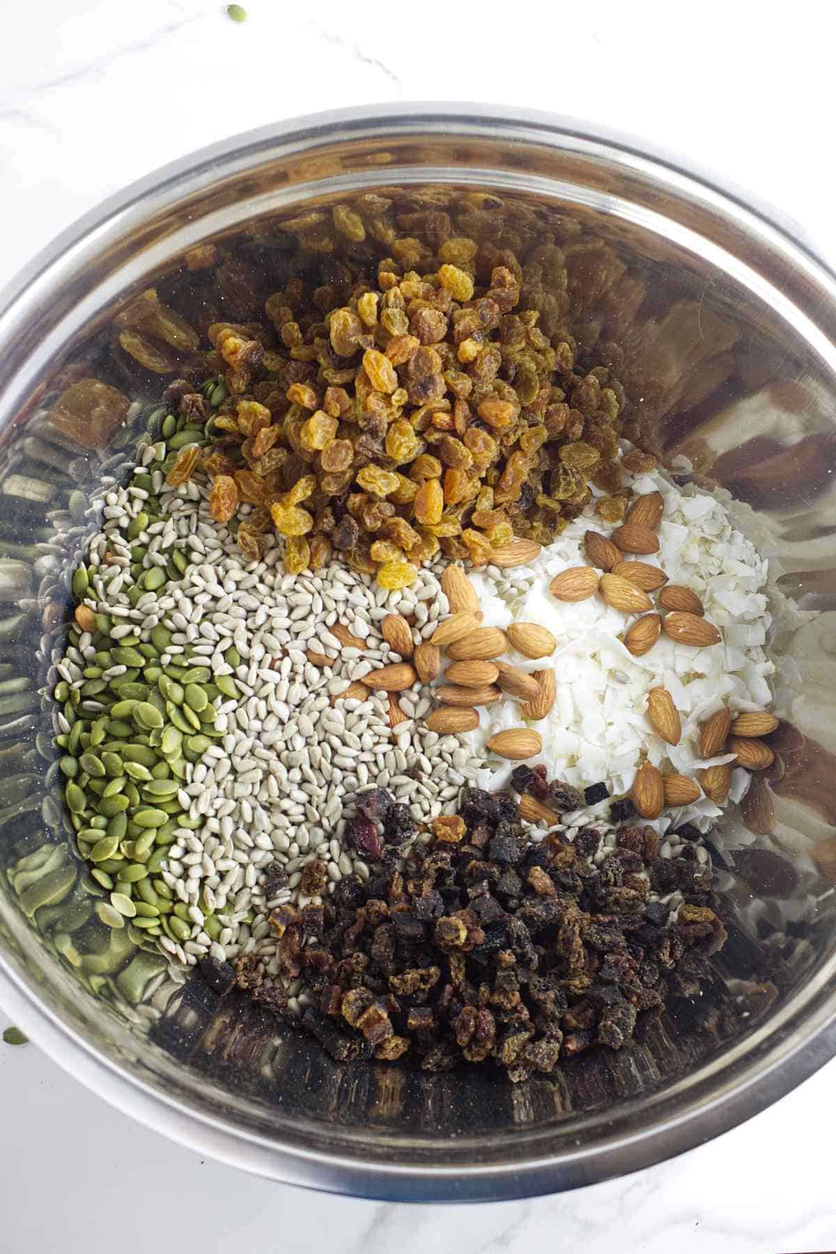 raisins, seeds, and nuts in a large bowl.