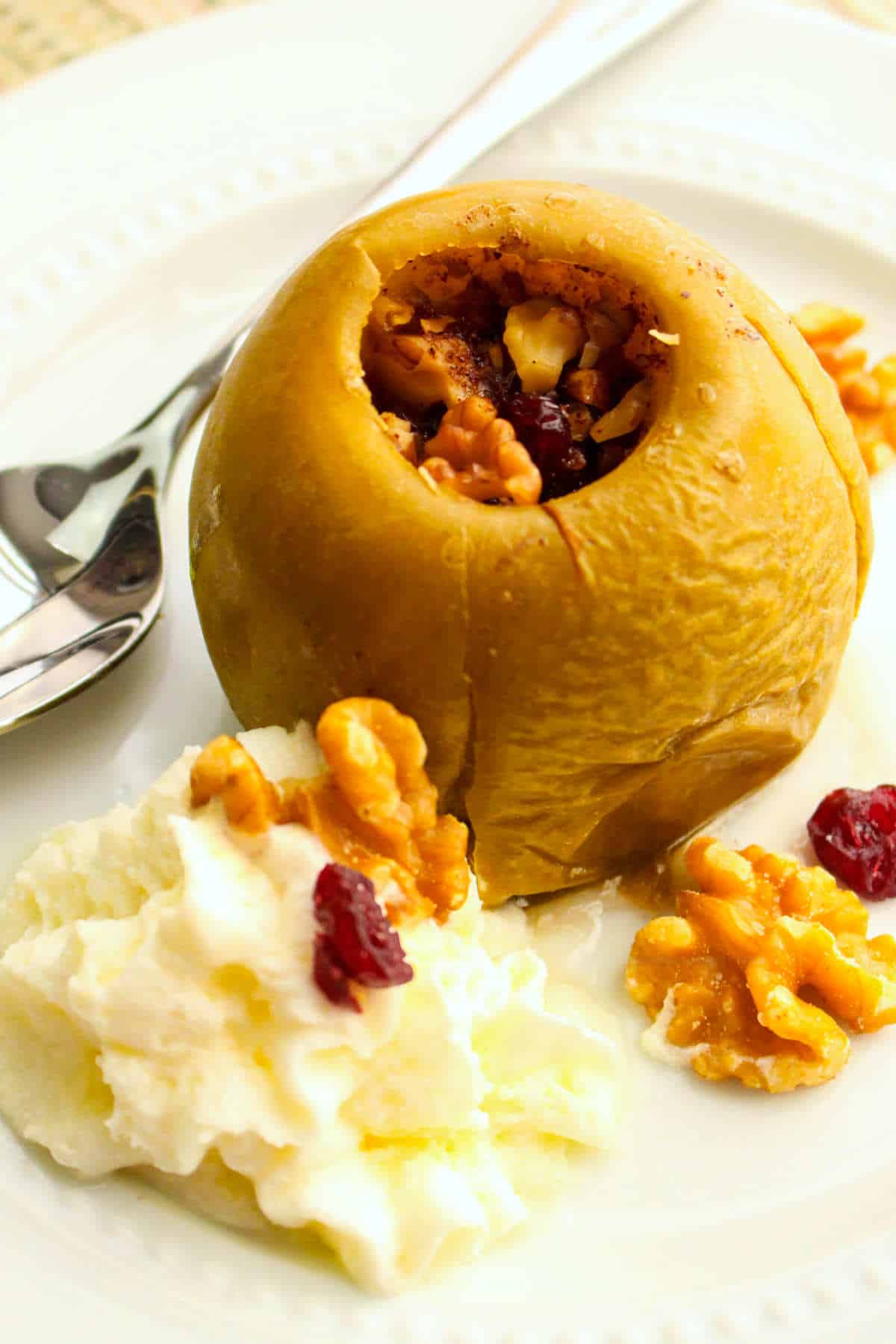 slow cooked Granny smith apple with walnuts and cranberries.