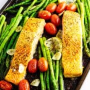 tray dinner of Coho filet and roasted vegetables.