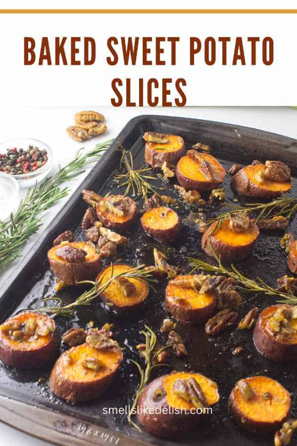 sheetpan with roasted sliced baked sweet potatoes.