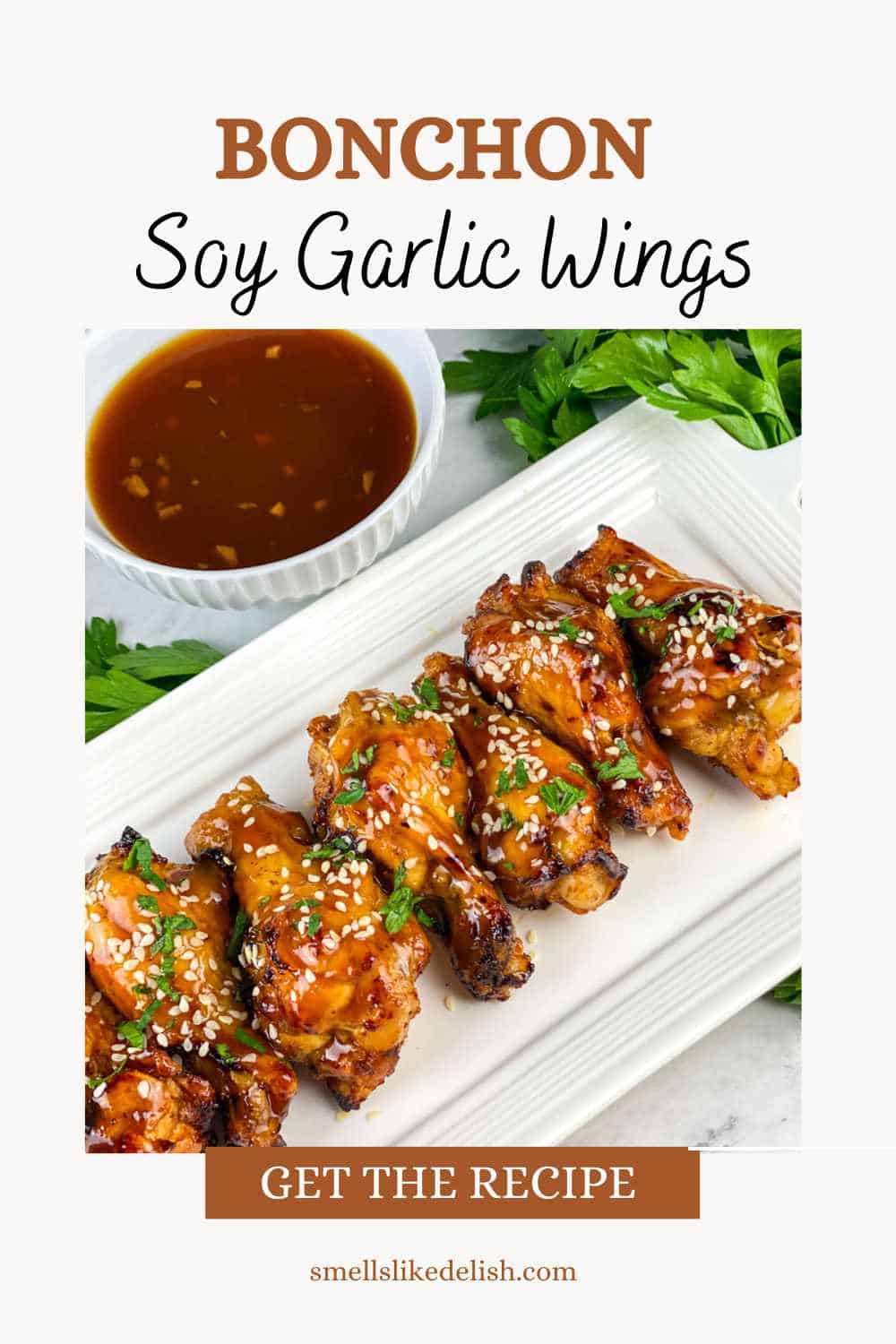 serving tray with soy garlic bonchon style chicken wings.