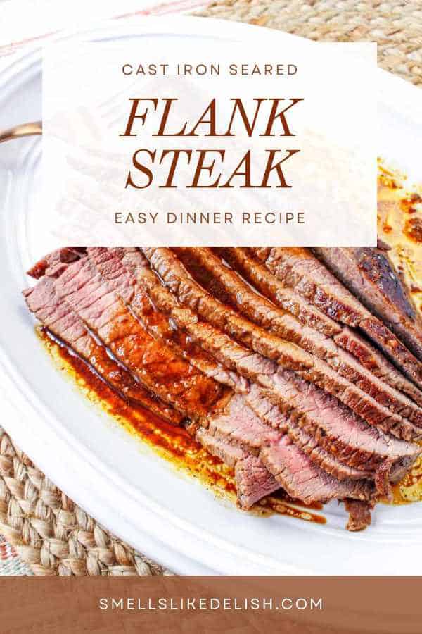 slices of flank steak on a serving platter.