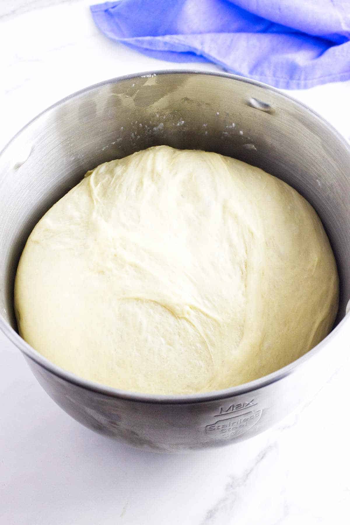 bulk risen dough in a bowl.