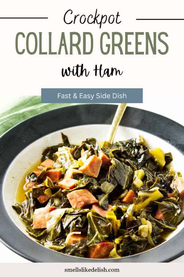 bowl of slow cooker collar greens and ham.
