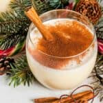cinnamon sprinkled on top of a glass of eggnog.