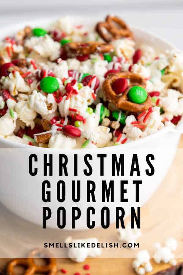 bowl of festive Christmas gourmet popcorn.