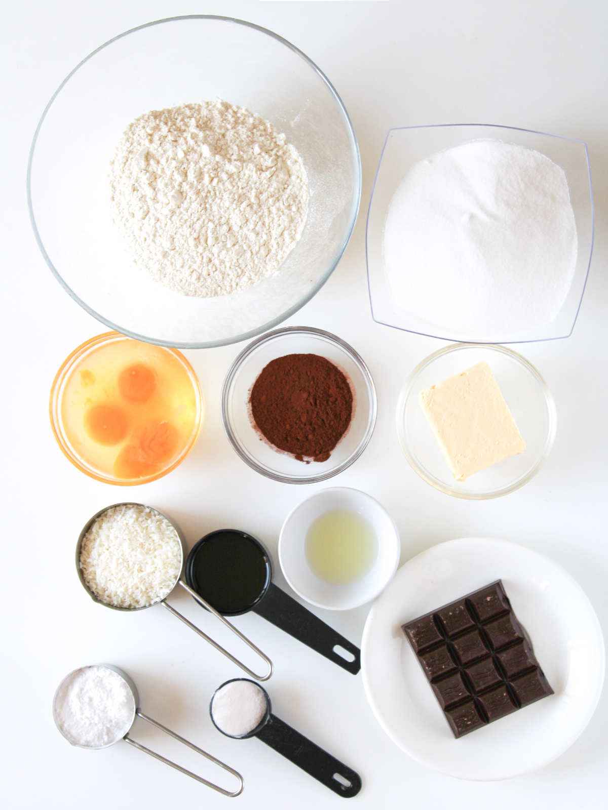 bowls of chocolate cake ingredients.