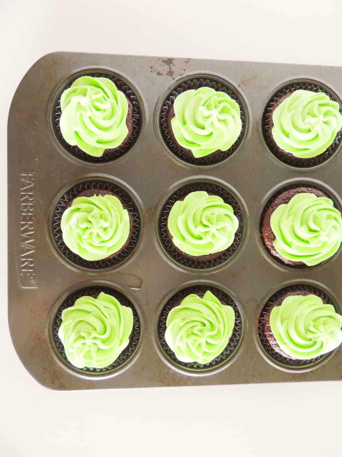 Piped green frosting on chocolate cupcakes.