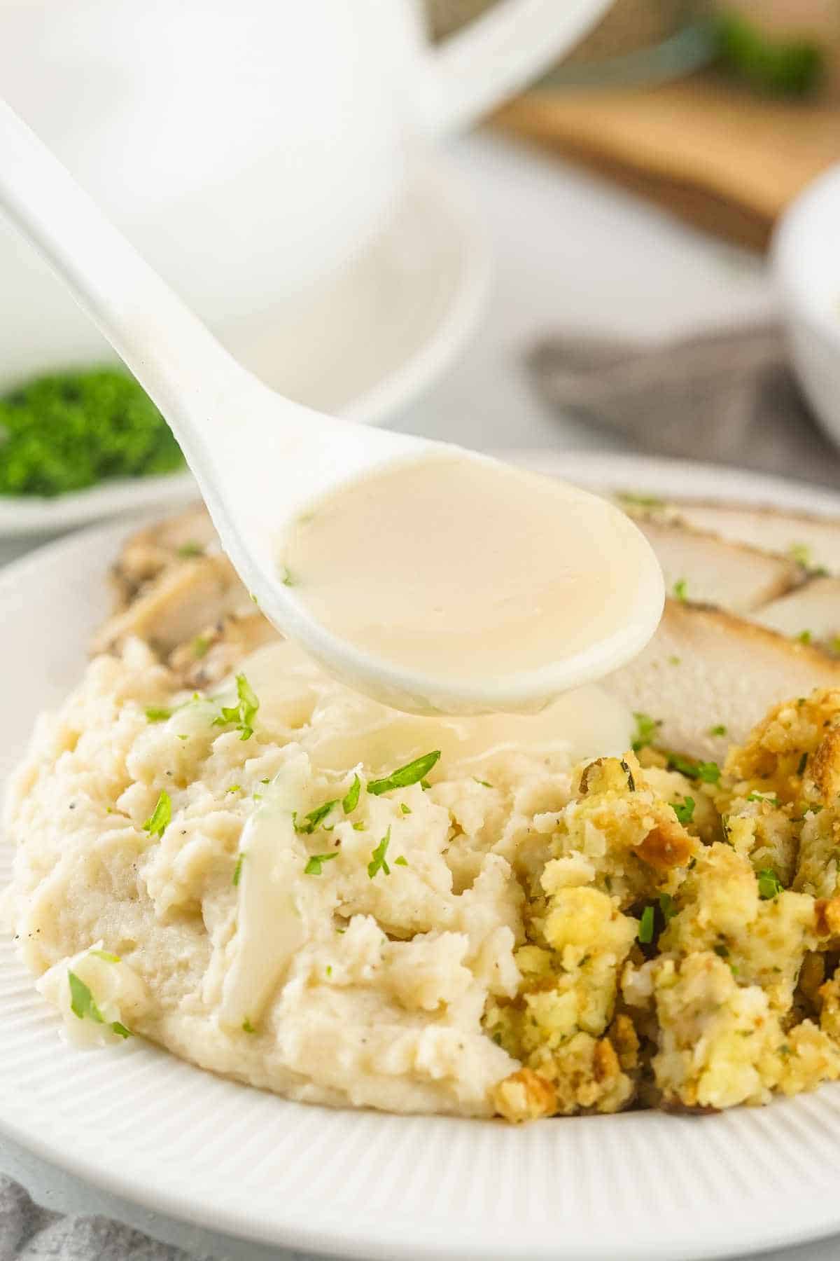 spoonful of gravy drizzled over mashed potatoes and stuffing.
