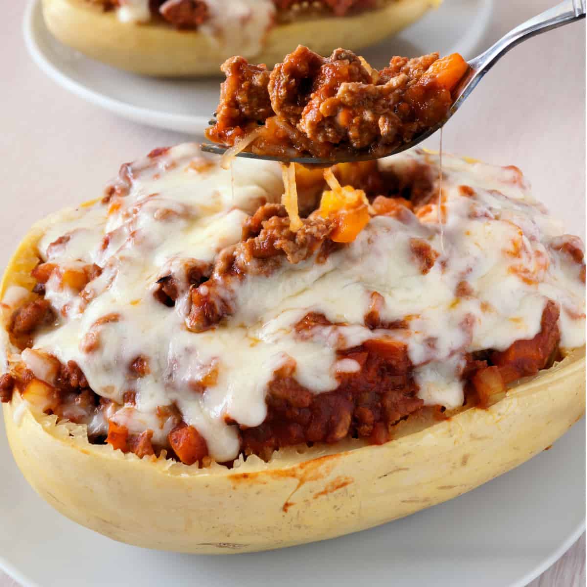air fried spaghetti squash with pasta sauce and cheese melted on top.