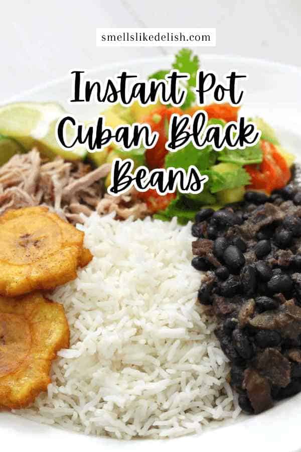 plate of black beans with sofrito, tostones, pernil, and rice.