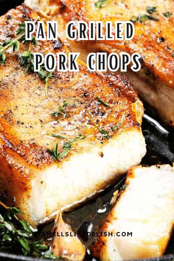 close up of sliced pan grilled pork chops in a skillet.