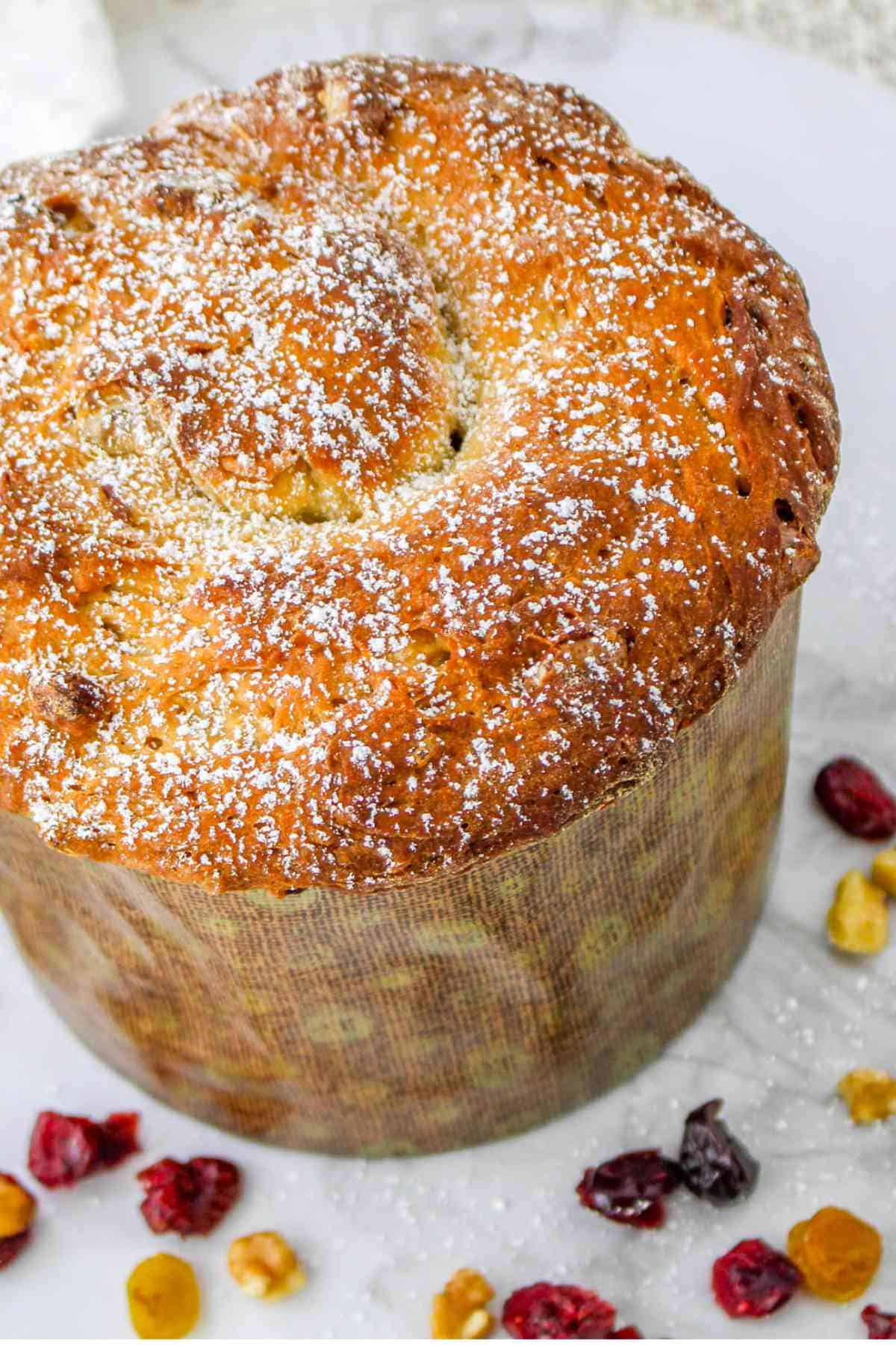 Fresh baked Panettone fruit cake with powdered sugar dusting.