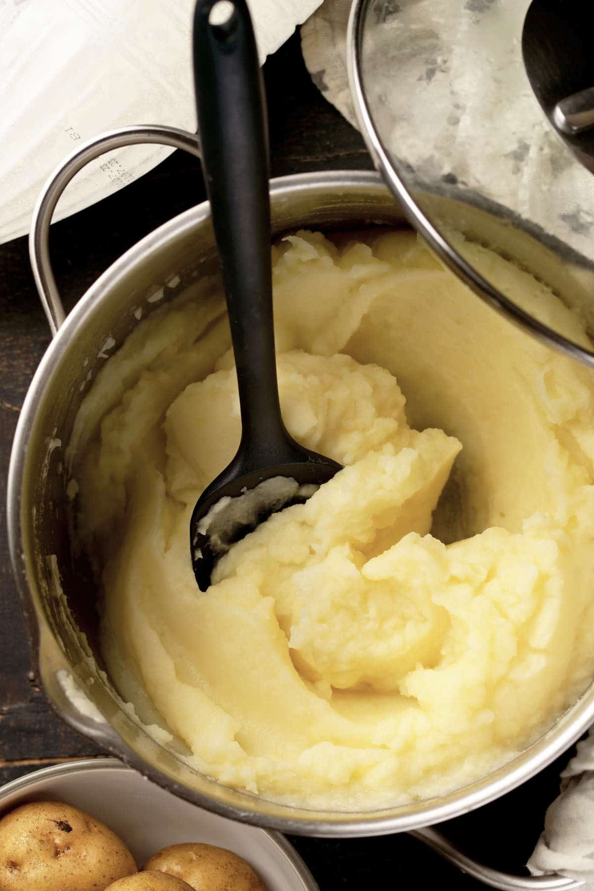 Fresh mashed potatoes in a saucepan.