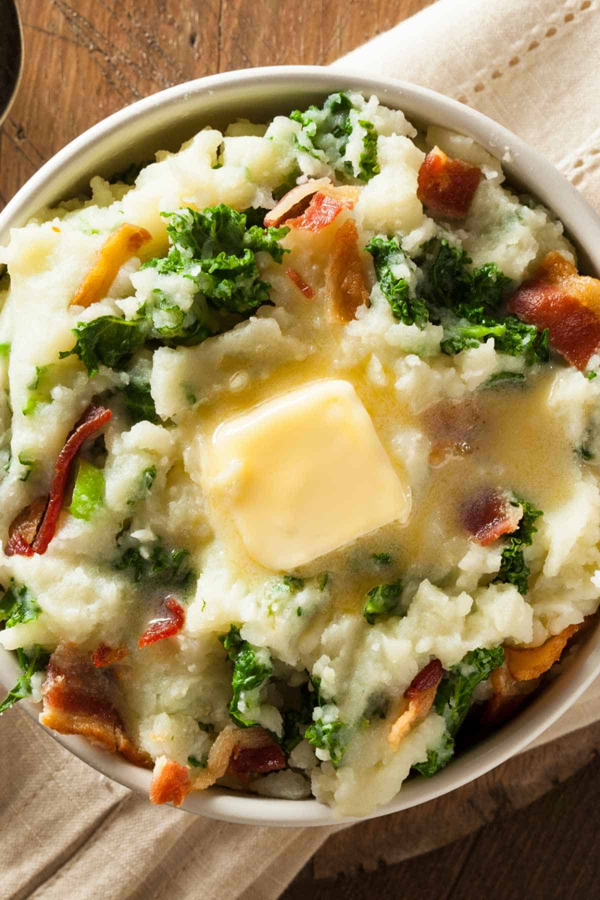 Homemade Irish Potato Colcannon with Greens and bacon.