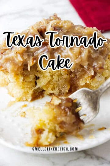 Texas Tornado cake on a plate with a fork.