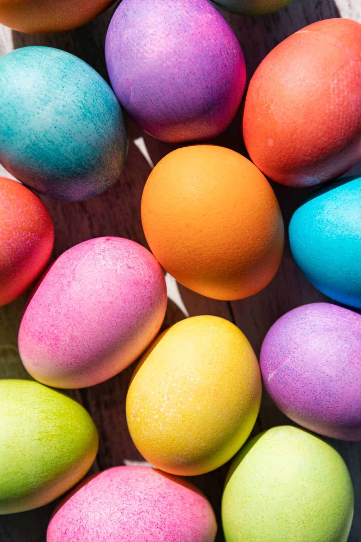 Colorful hard boiled Easter eggs.