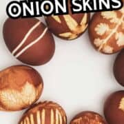 Brown Easter eggs with leaf and stripe patterns are arranged on a white surface. Text above reads, "How To Dye Easter Eggs with Onion Skins." The website "smellslikedelish.com" appears at the bottom, sharing tips for dying eggs with onion skins.