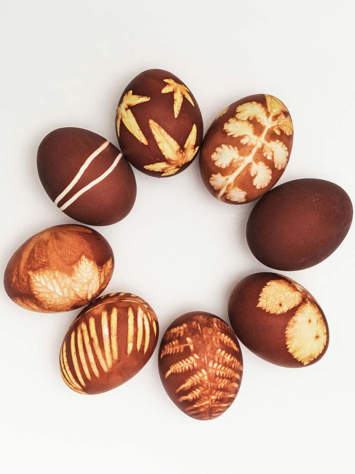 Deep red and golden onion skin dyed Easter eggs.