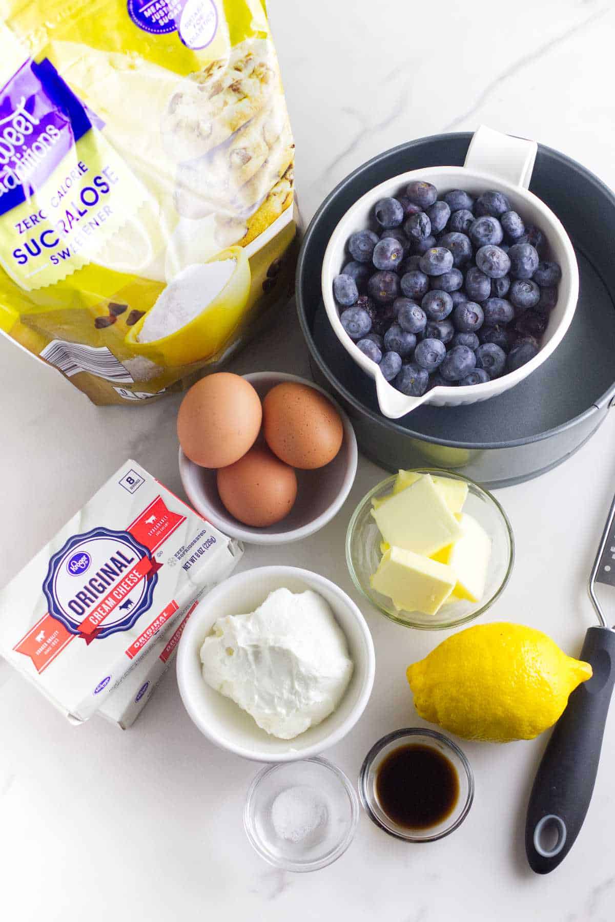 ingredients for cheesecake with blueberries.