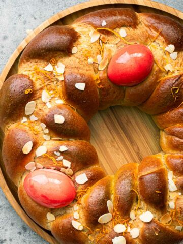 braided Tsoureki Greek Easter Bread.