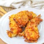 crispy air fried cheddar Ranch chicken tenders on a serving plate.