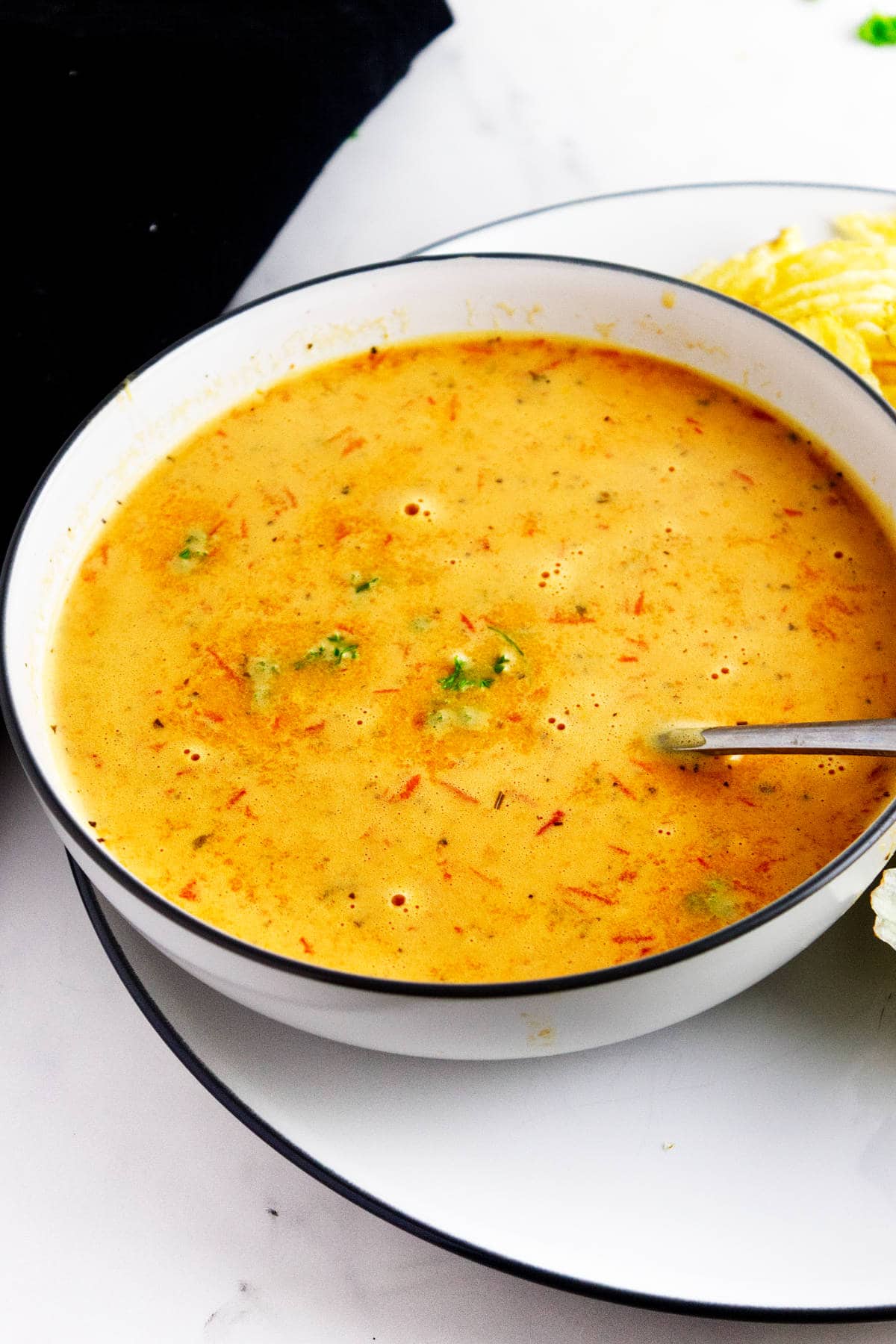 Gouda and red bell pepper soup.