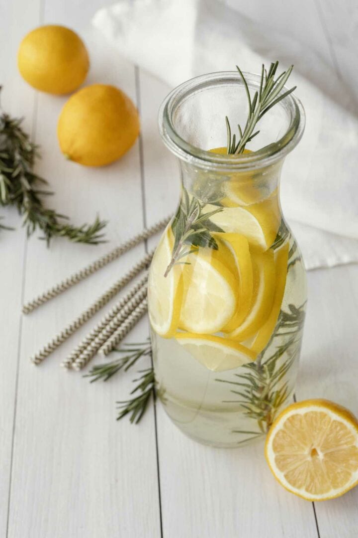 Lemon infused carafe of water.