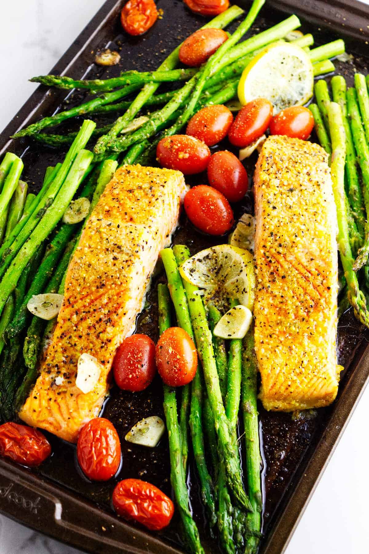 sheet pan salmon and asparagus.